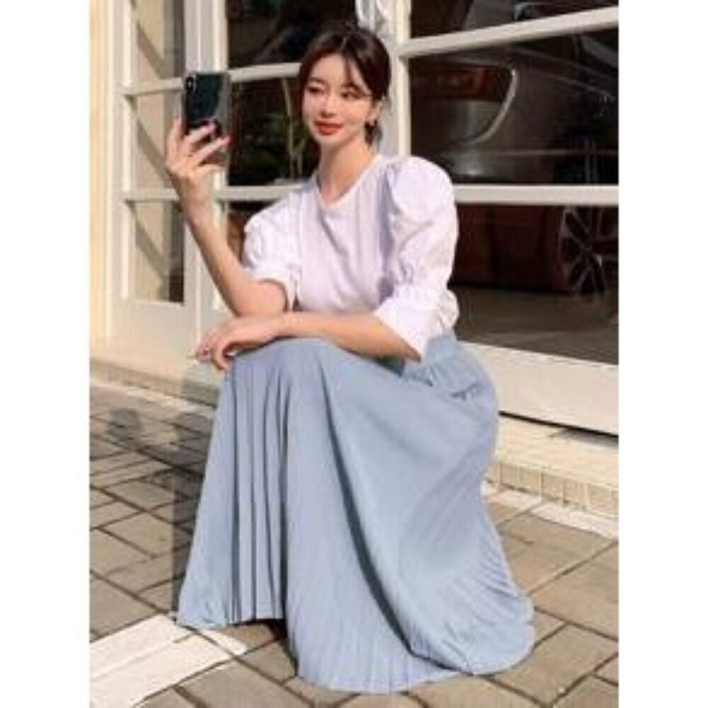 Dazy Slate Blue Pleated Midi Skirt Lined Stretch Waist M